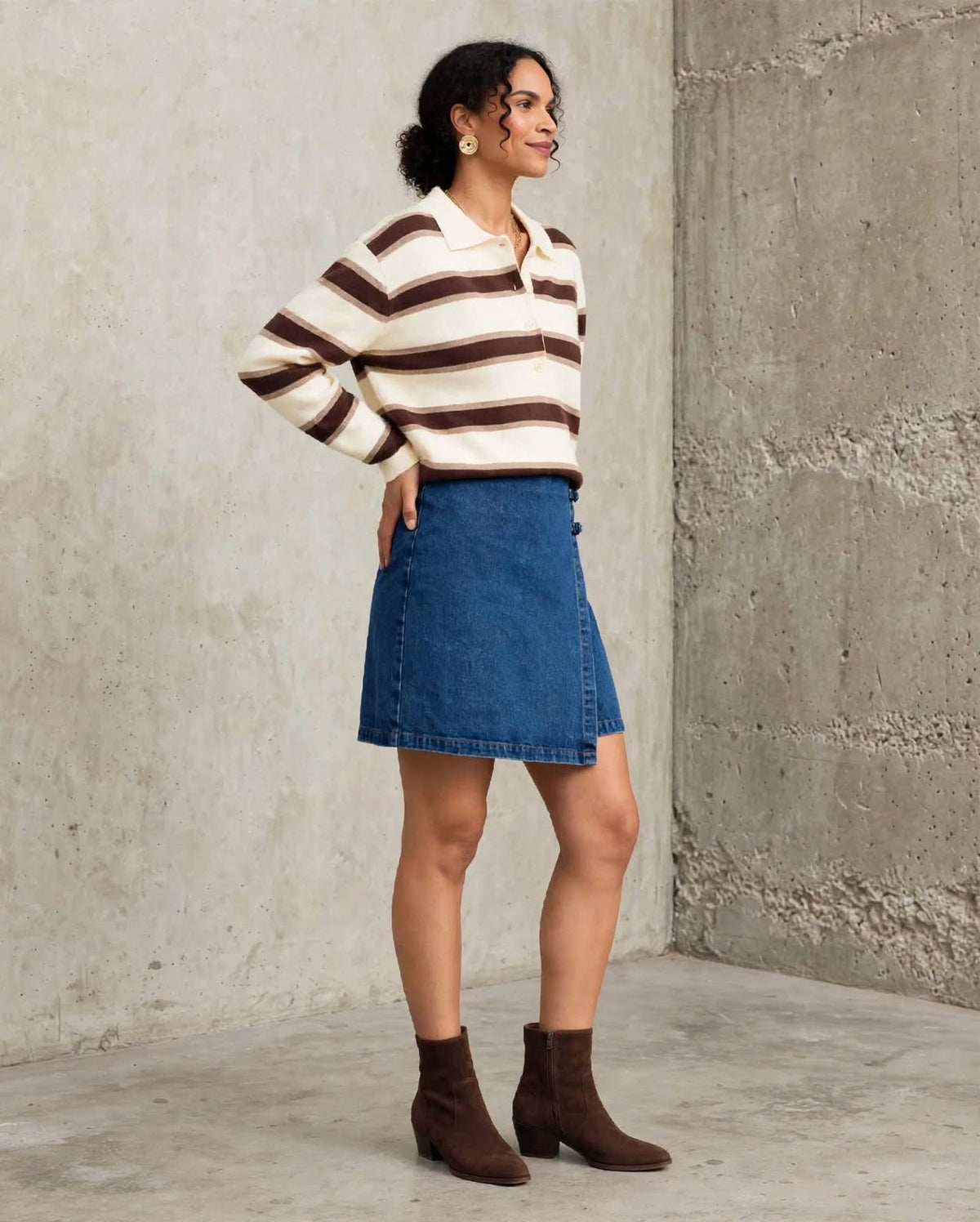 Pull polo Gaby à rayures écru et marron chocolat