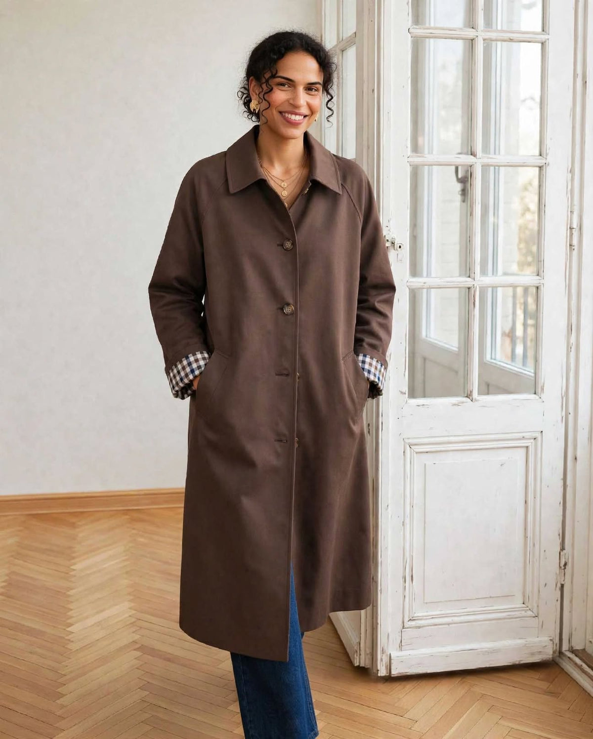 Trench long chocolat à revers sylvia