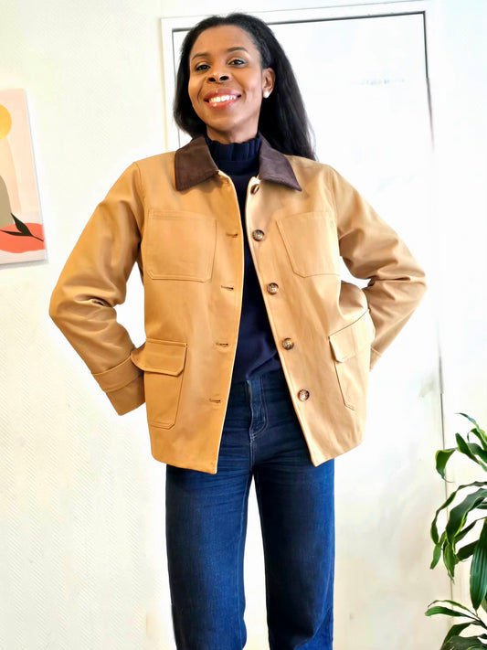 veste beige femme, veste coton femme, veste col velours, veste chic casual, mango, femme esma shop