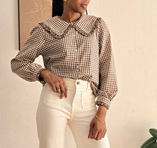 blouse vichy femme marron et blanc col vareuse esm shop