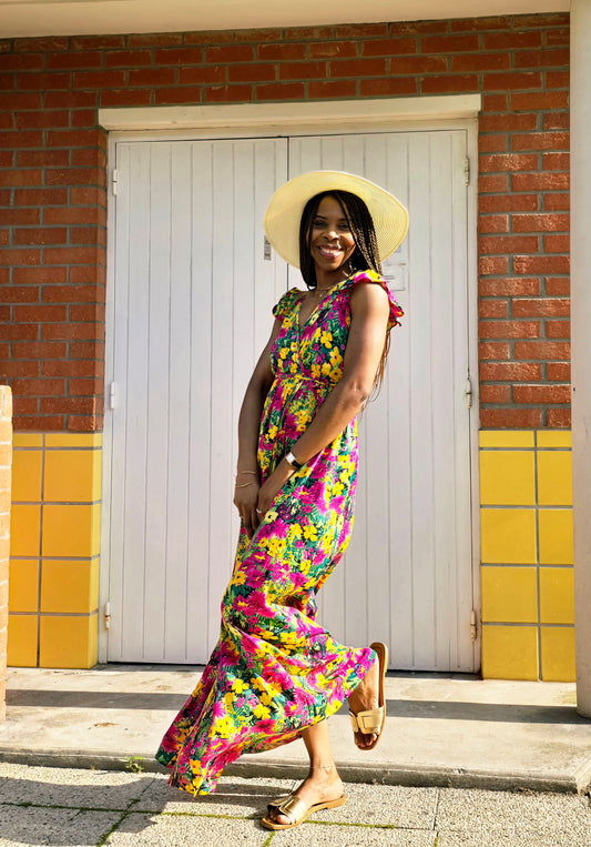 esma shop robe florale jaune, robe été femme, robe bohème imprimée, robe jaune midi, robe légère été, robe à fleurs chic