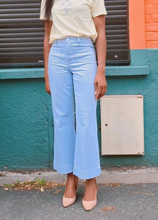 pantalon rayé taille haute bleu et blanc taille haute esma shop