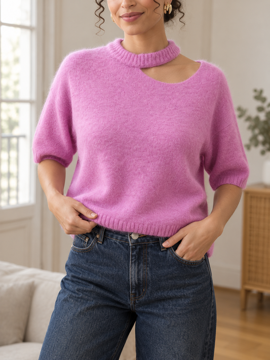 pull rose femme mohair duveteux manches courtes col
