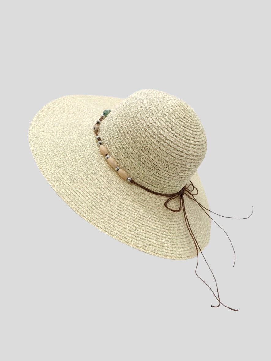 capeline femme été, chapeau large bohème, capeline beige et camel, chapeau pierres décoratives, capeline élégante plage, accessoire été femme