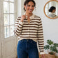 2. pull rayé femme marron et écru col froufrou volanté