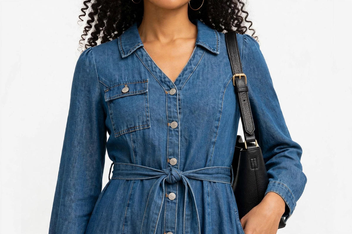 detail boutons robe midi jean femme manches longues