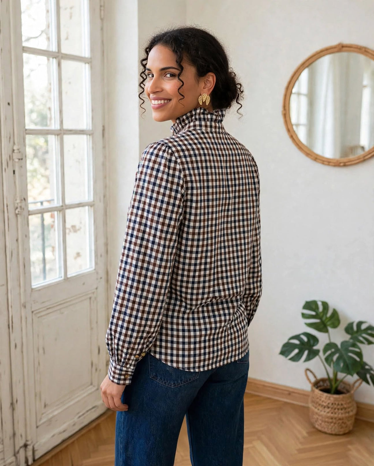 Chemise Romy en coton à carreaux vichy bleu et marron