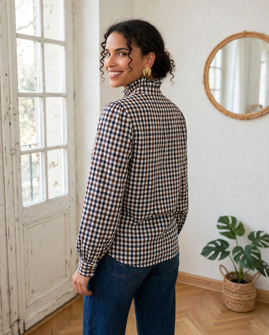 Chemise Romy en coton à carreaux vichy bleu et marron