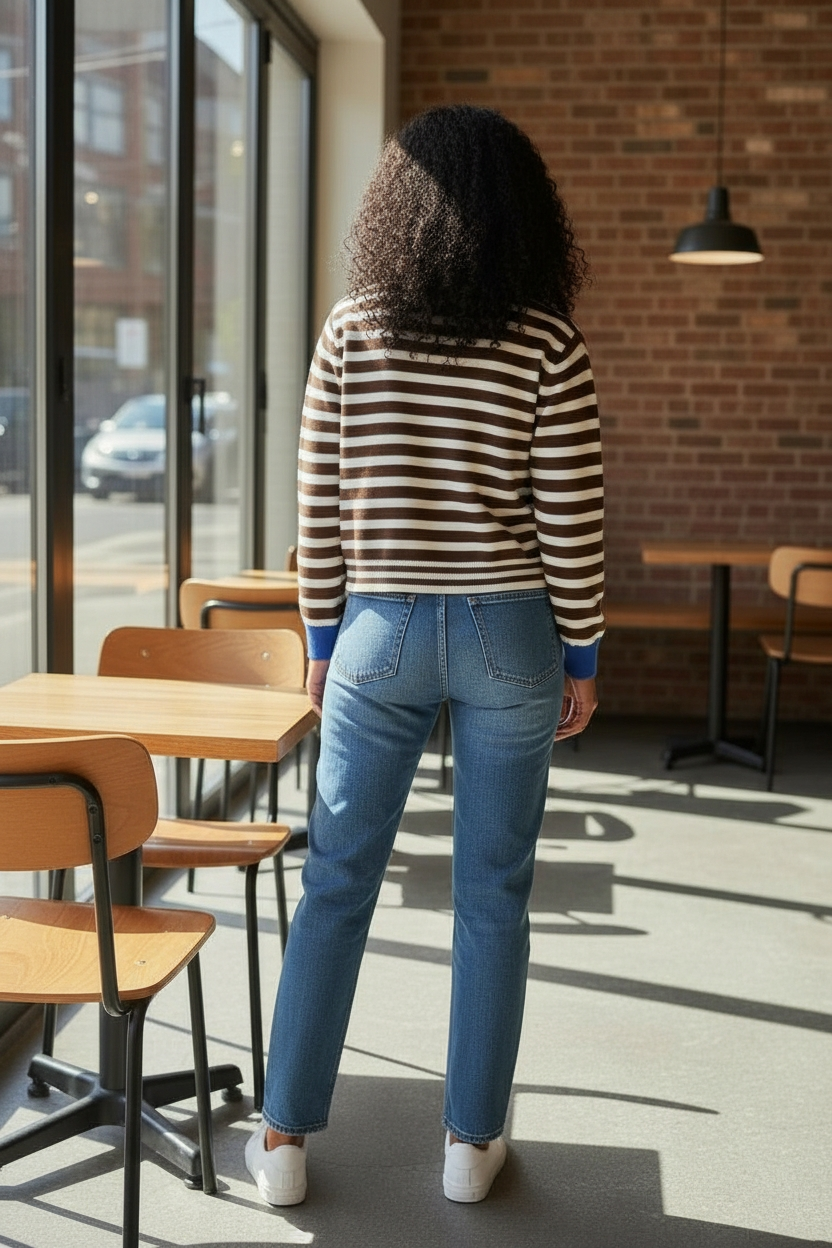 cardigan chocolat  détails bleu  dos 