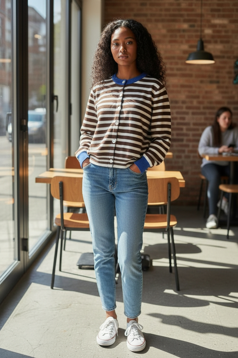 Cardigan col bleu rayé marron et blanc 