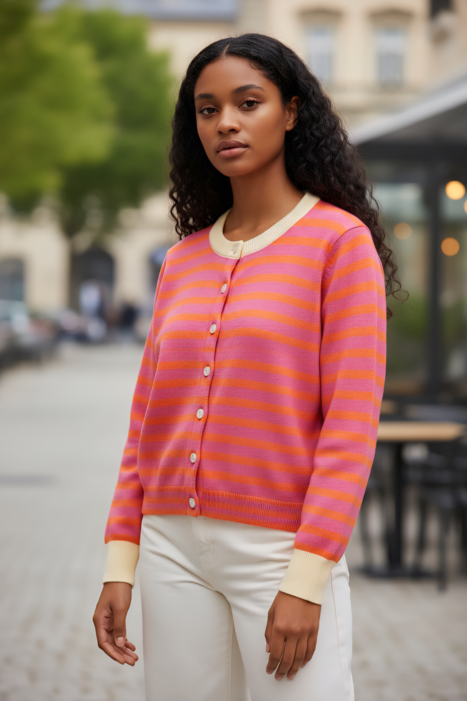 Cardigan femme col rond bleu, blanc et marron. Une maille douce et tendance pour un look casual chic en toute saison. esmashop