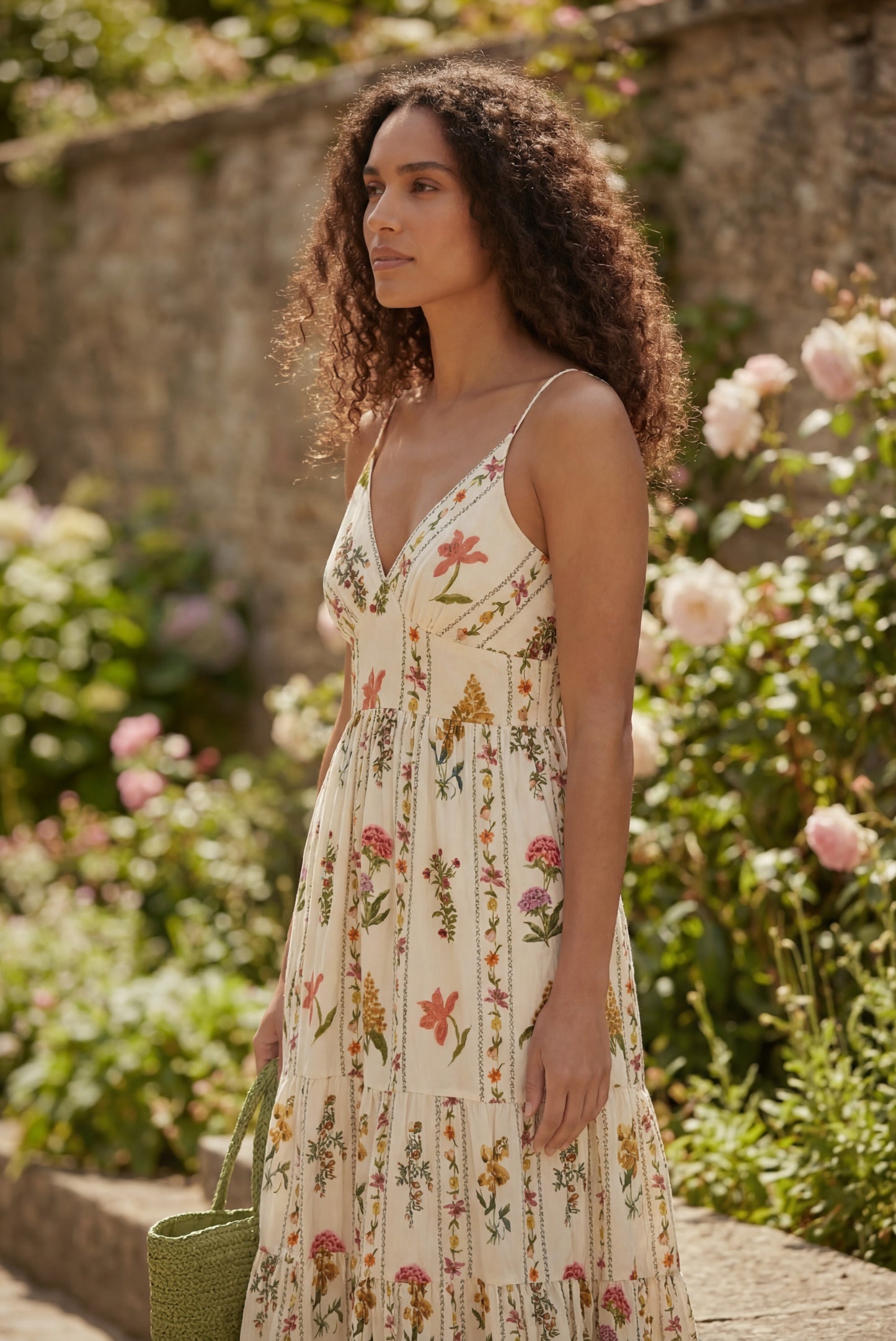 Détail du tissu coton fleuri sur robe longue femme style bohème chic