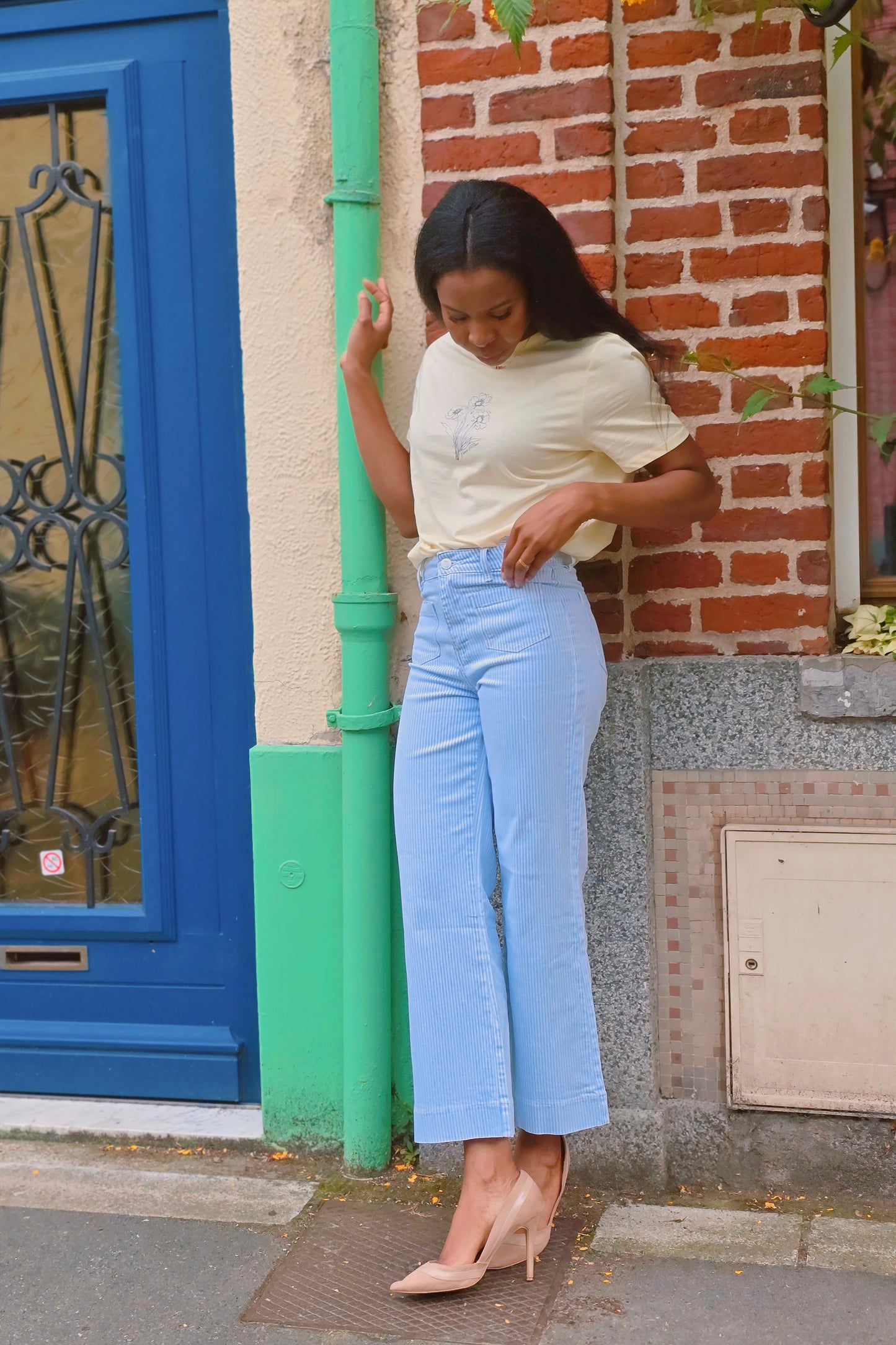 Esma shop jean rayé bleu et blanc coupe flare petite 
