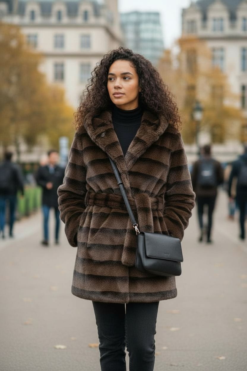 Manteau court femme en fausse fourrure effet lapin, avec capuche et ceinture. Chic, chaud et ultra-tendance.
