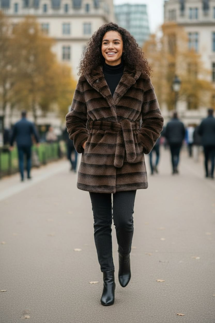 Manteau court femme en fausse fourrure effet lapin, avec capuche et ceinture. Chic, chaud et ultra-tendance.