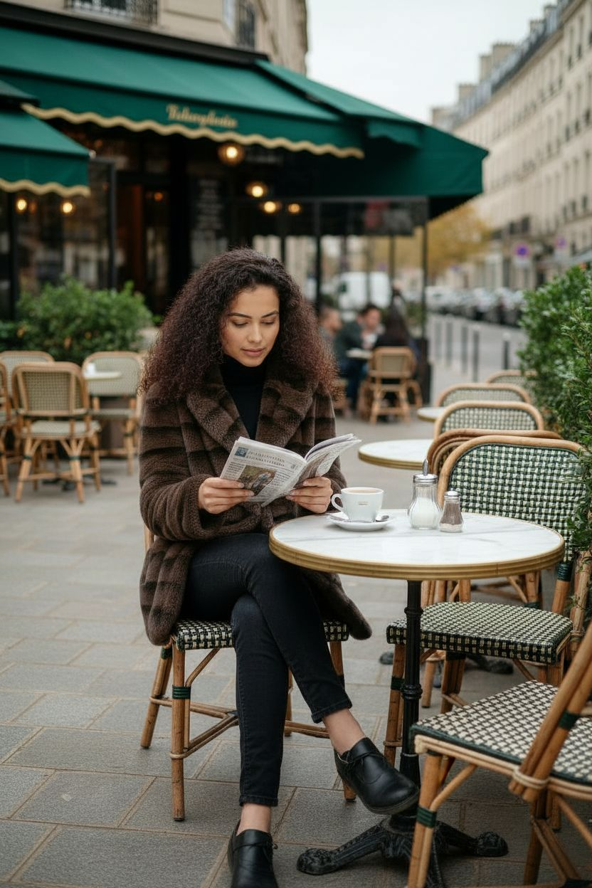 Manteau court femme en fausse fourrure effet lapin, avec capuche et ceinture.