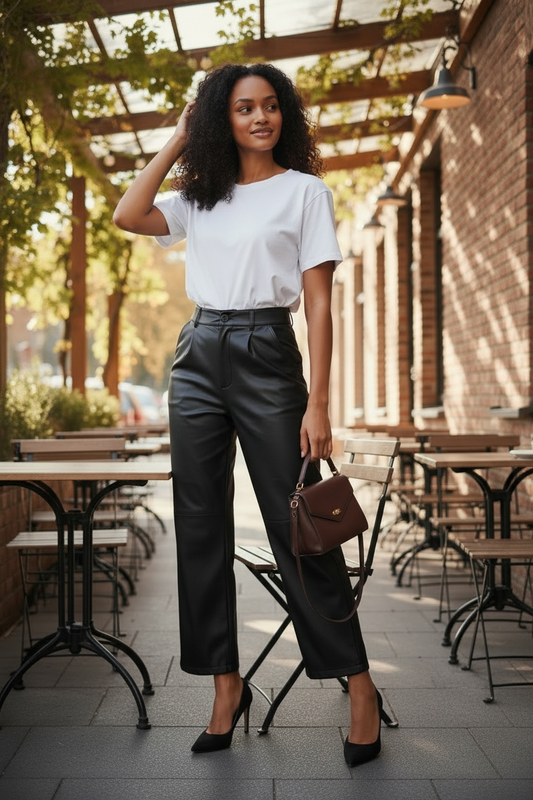 Esma shop pantalon simili cuir zola taille haute face oraije 