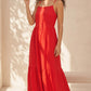 Robe Longue Rouge à Bretelles et Détails Perles