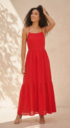 Robe Longue Rouge à Bretelles et Détails Perles