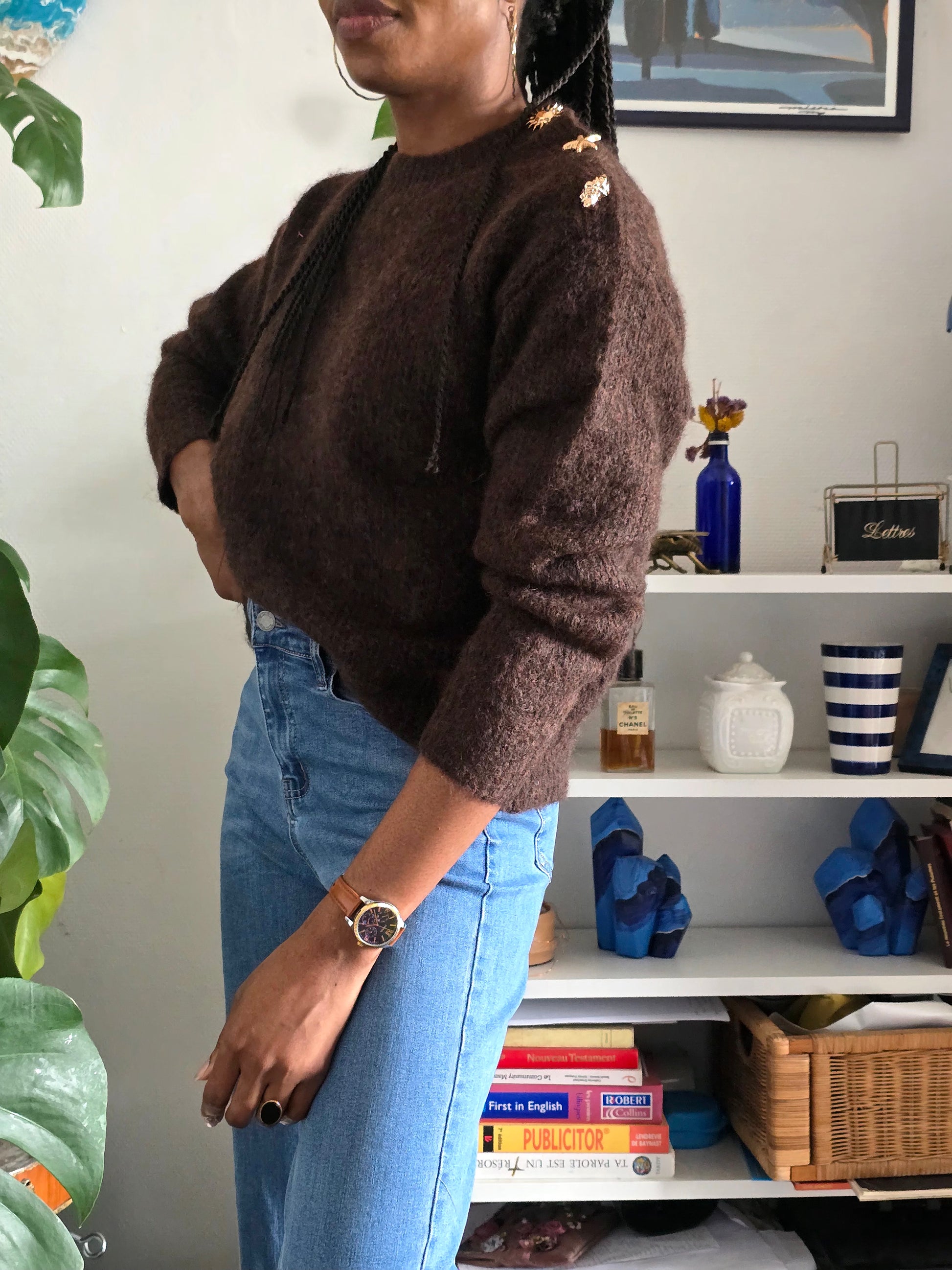 Pull  col rond chocolat en laine marron profond