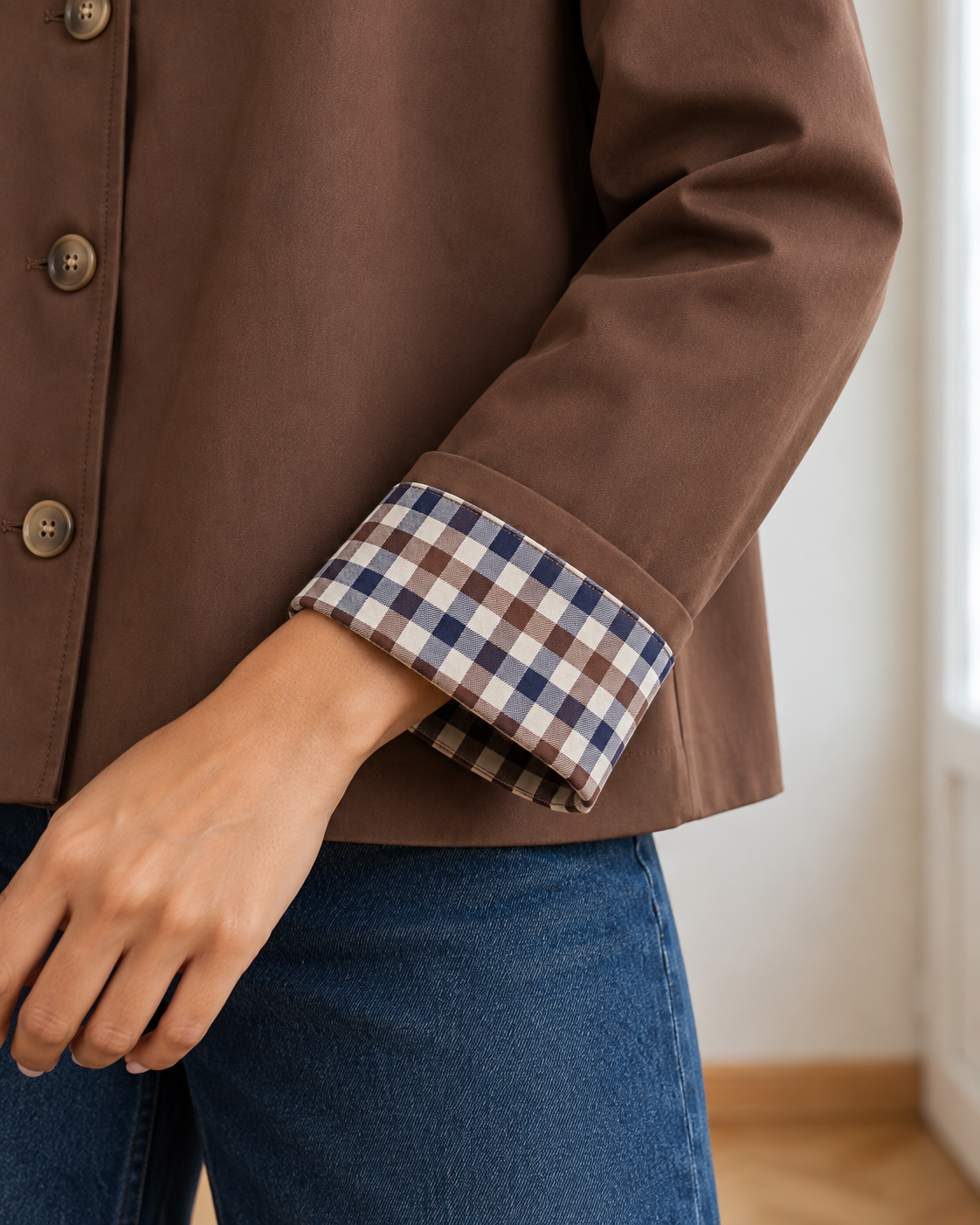 Trench court marron foncé olivia col haut froufrou esma shop
