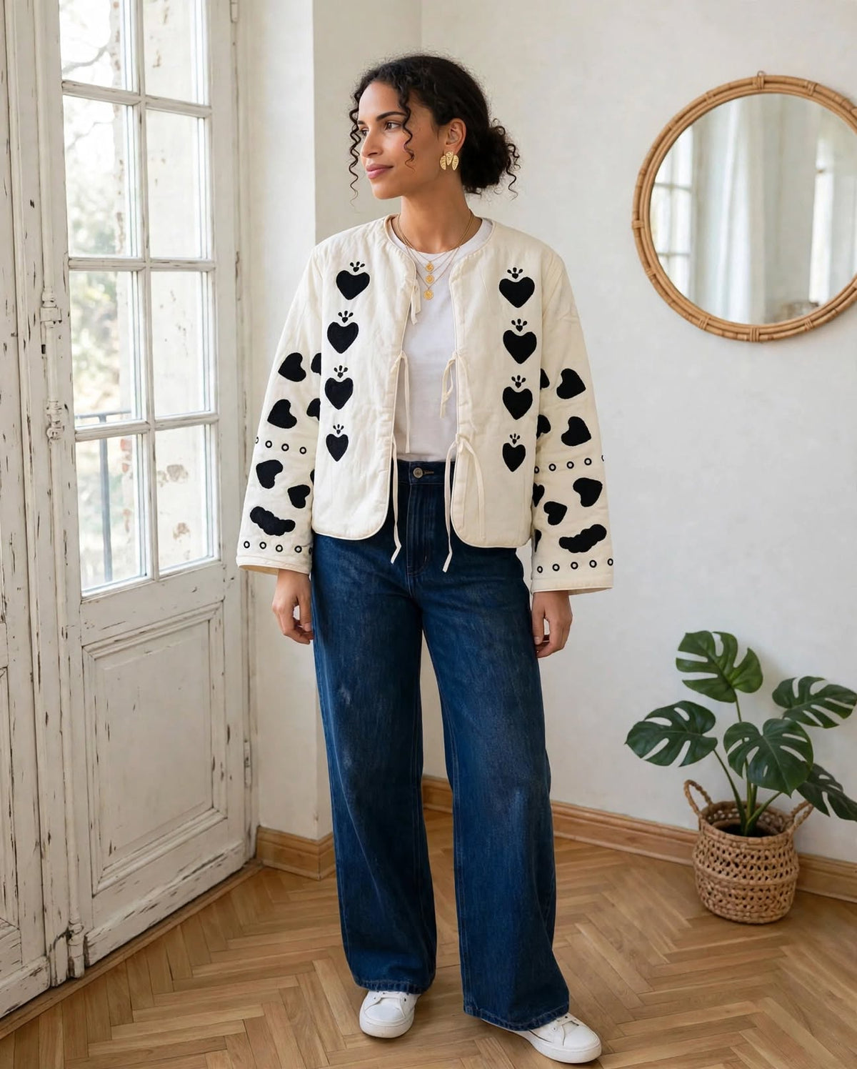  Veste Alma écrue à cœurs noirs portée avec un top blanc, un jean large et des baskets blanches.