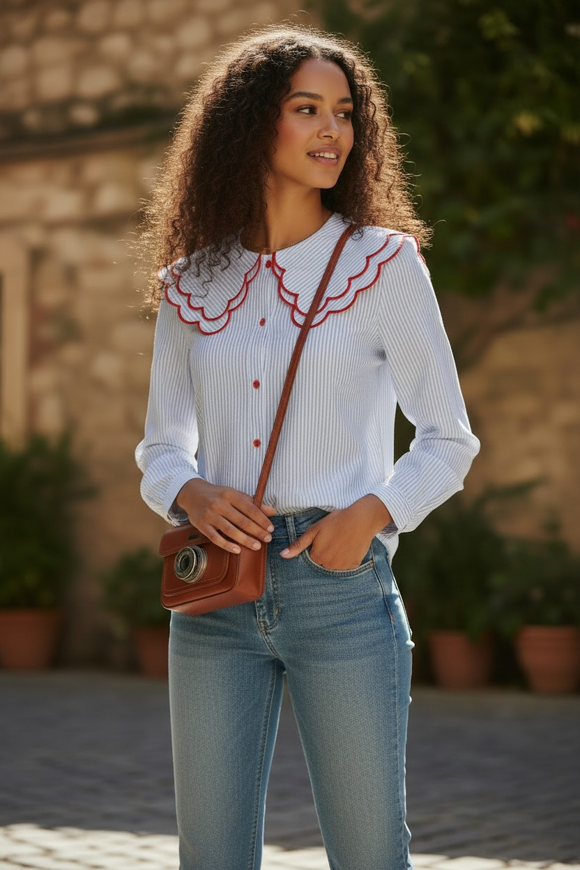 blouse rayures bleues col vareuse face profil esma shop