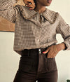 blouse vichy femme, blouse marron et blanc, blouse à carreaux col vareuse, blouse rétro chic. esma shop
