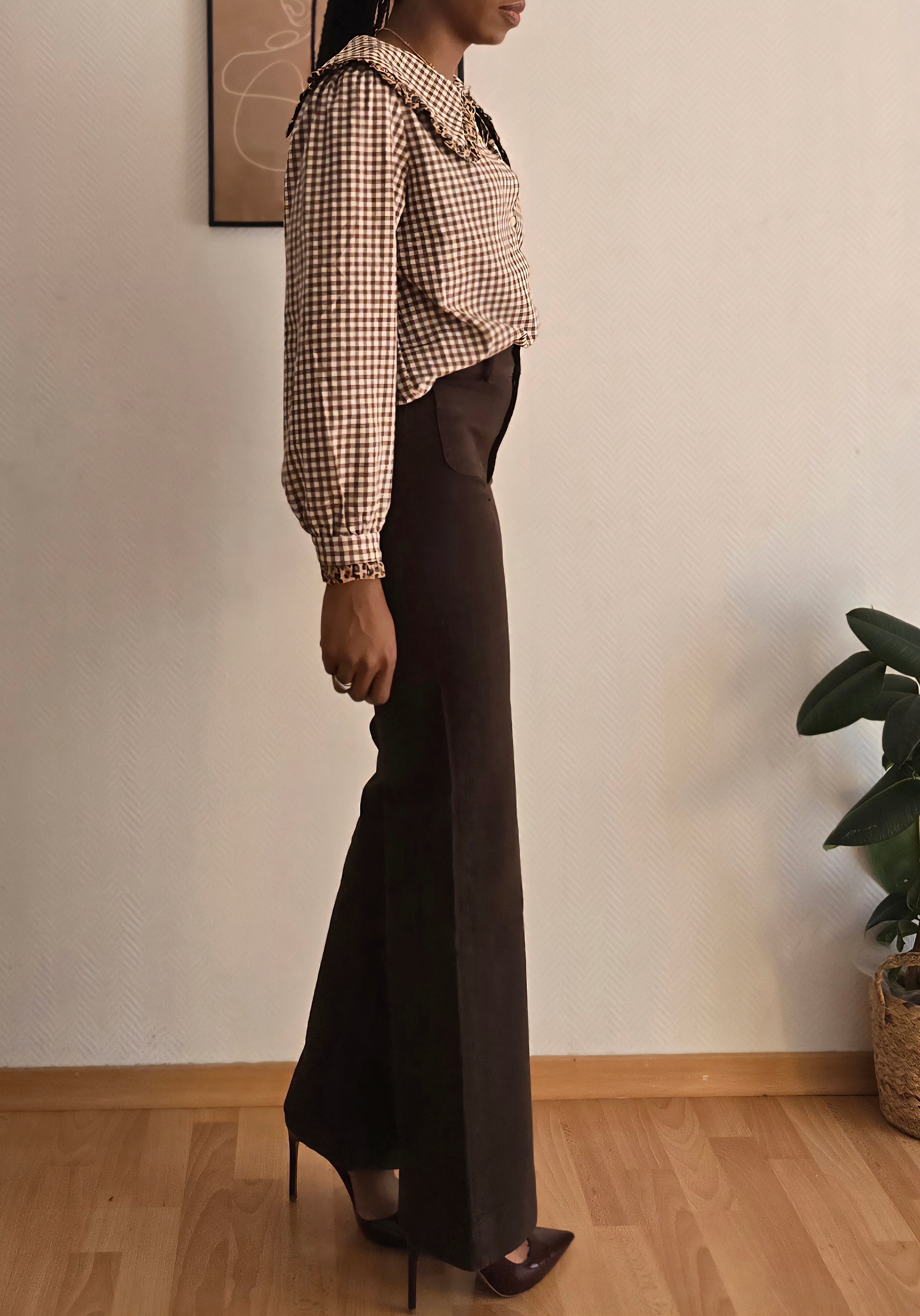 blouse vichy femme marron et blanc col vareuse en coton 