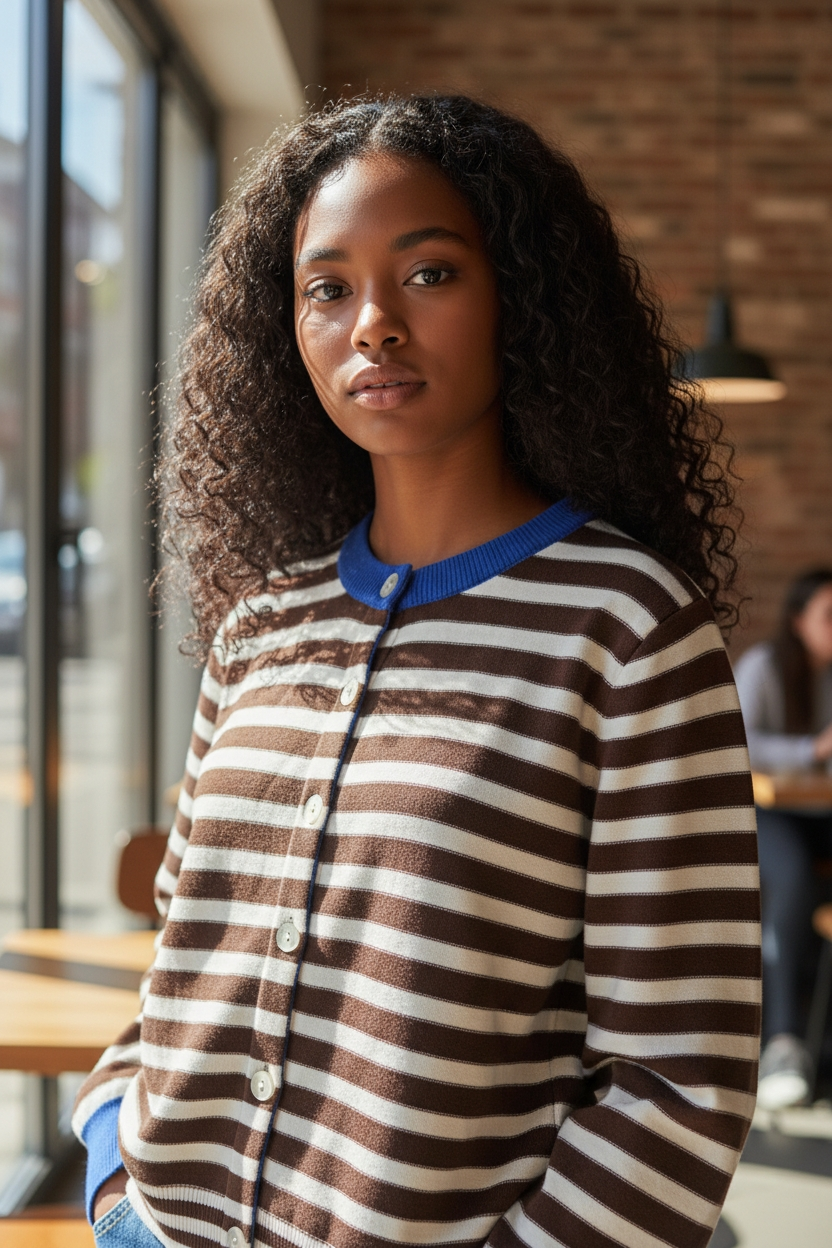 cardigan chocolat  détail bleu