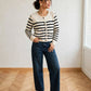 cardigan colette raye porte avec jean large bleu slingback rouge  esma shop