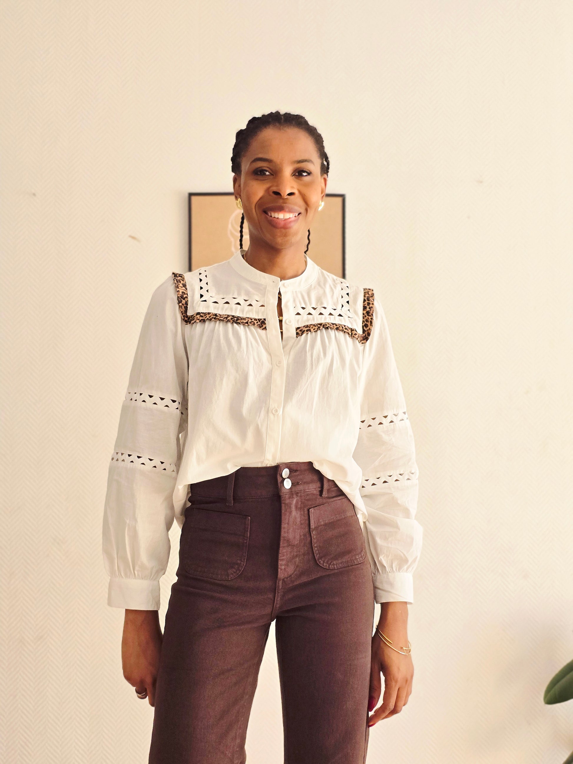 détail imprimé blouse manches longues femme