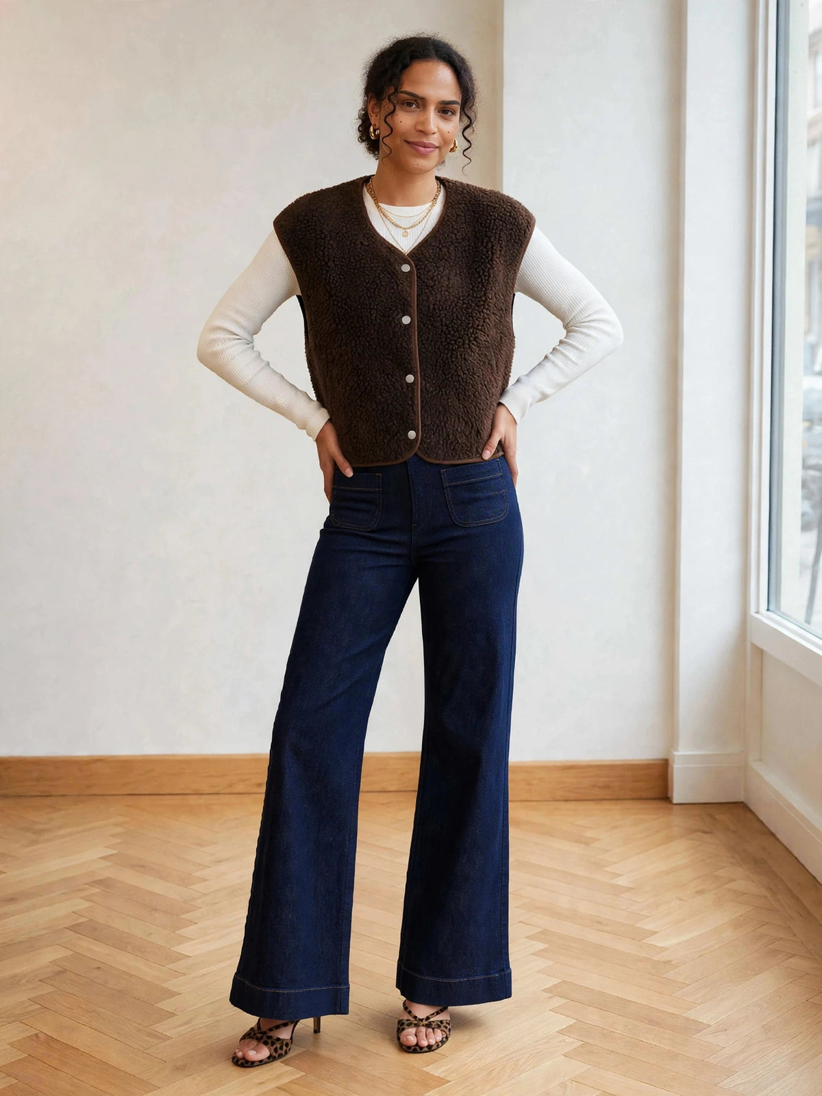 5. detail bouton pression et biais finition gilet teddy marron 6. gilet sherpa marron chocolat femme tenue layering esma shop