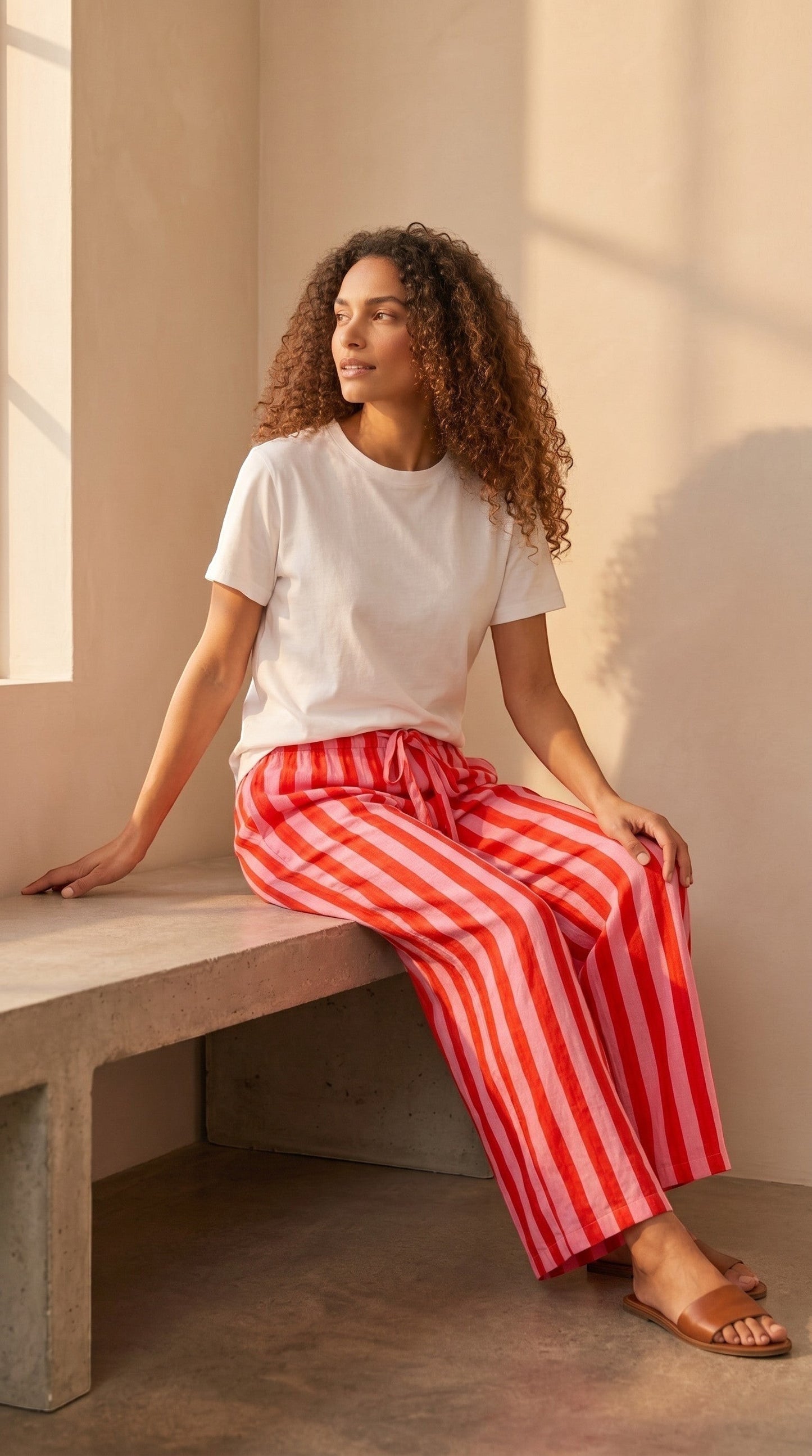 Pantalon large rayé rose et rouge en viscose et polyester, taille mi-haute avec cordon, par Esma Shop.