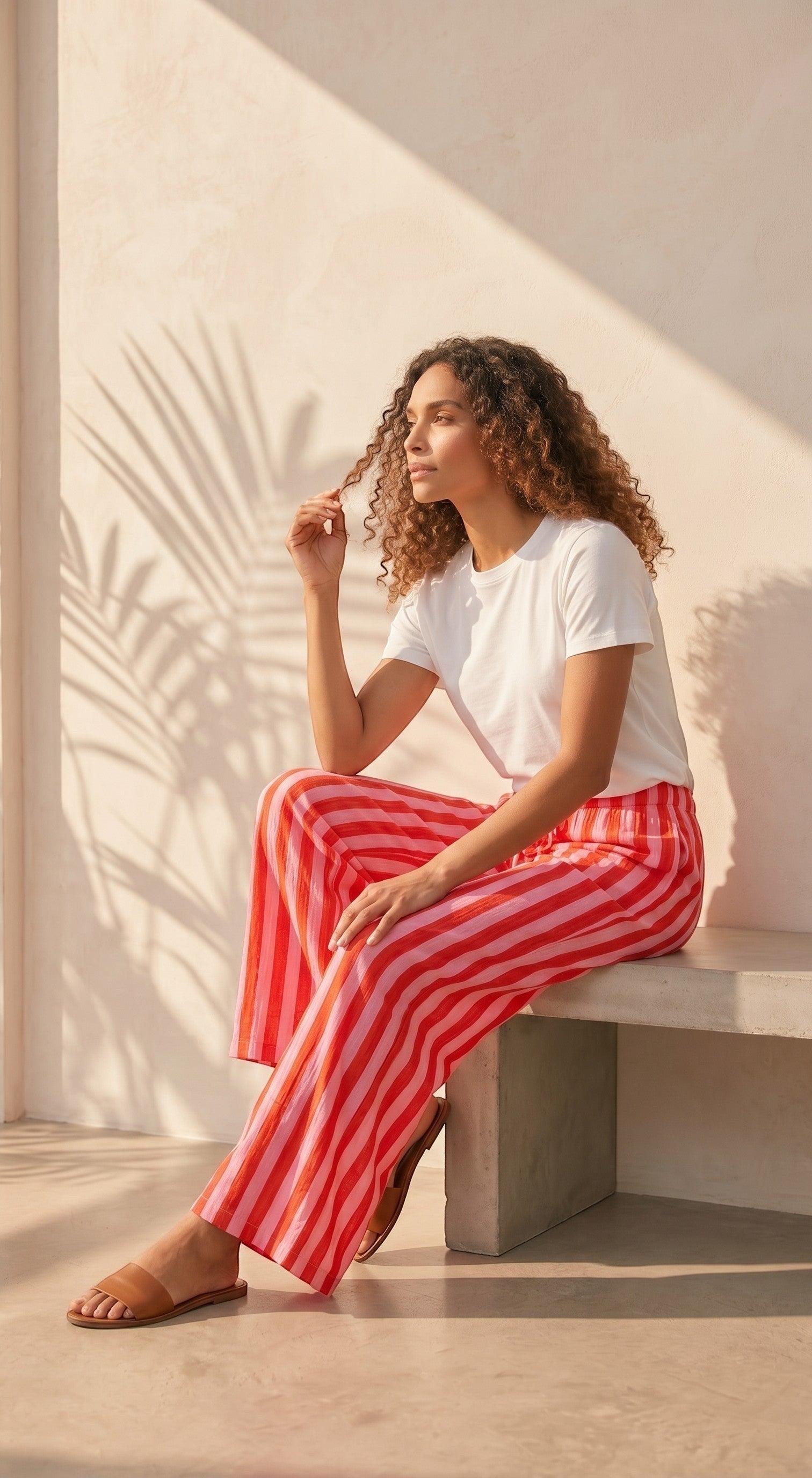 Pantalon large rayé rose et rouge en viscose et polyester, taille mi-haute élastiquée, par Esma Shop.