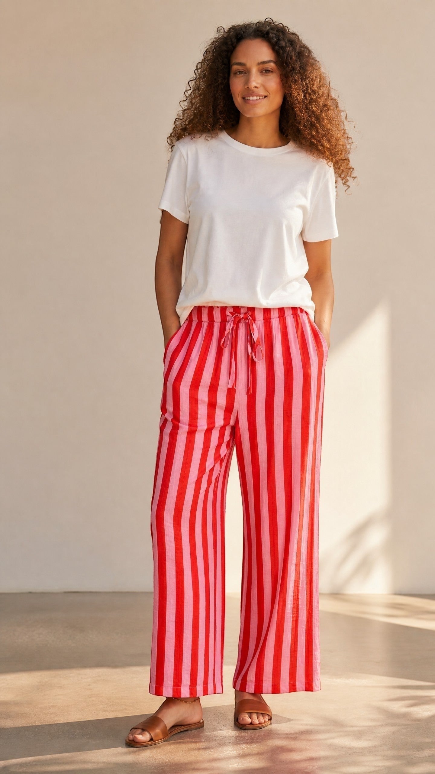 Pantalon large rayé rose et rouge en viscose et polyester, taille mi-haute avec cordon, par Esma Shop