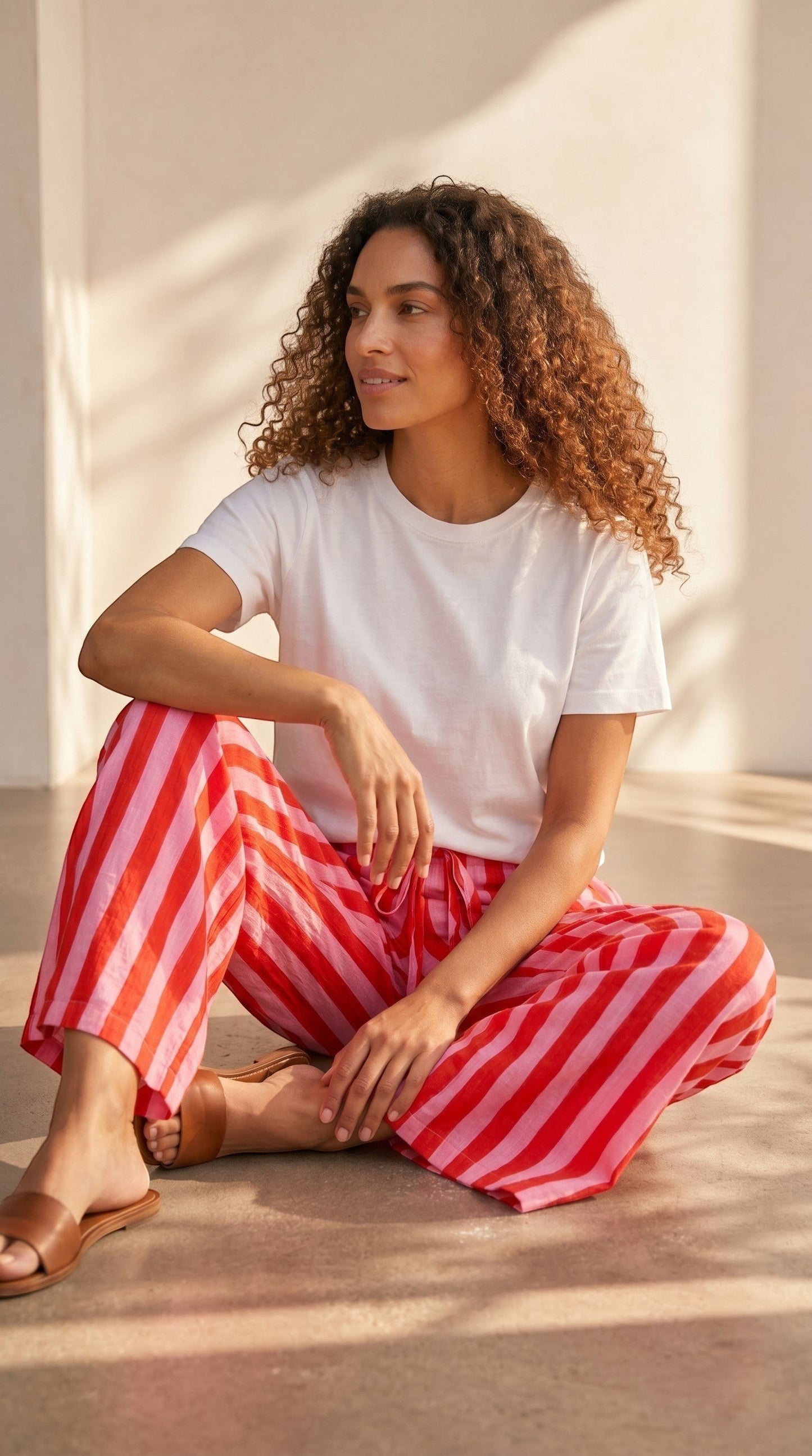 Pantalon large rayé rose et rouge en viscose et polyester, taille mi-haute avec cordon, par Esma Shop.