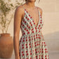 Robe longue Esma Shop à fines bretelles, col en V plongeant, imprimé floral rouge et rayures verticales sur fond crème.