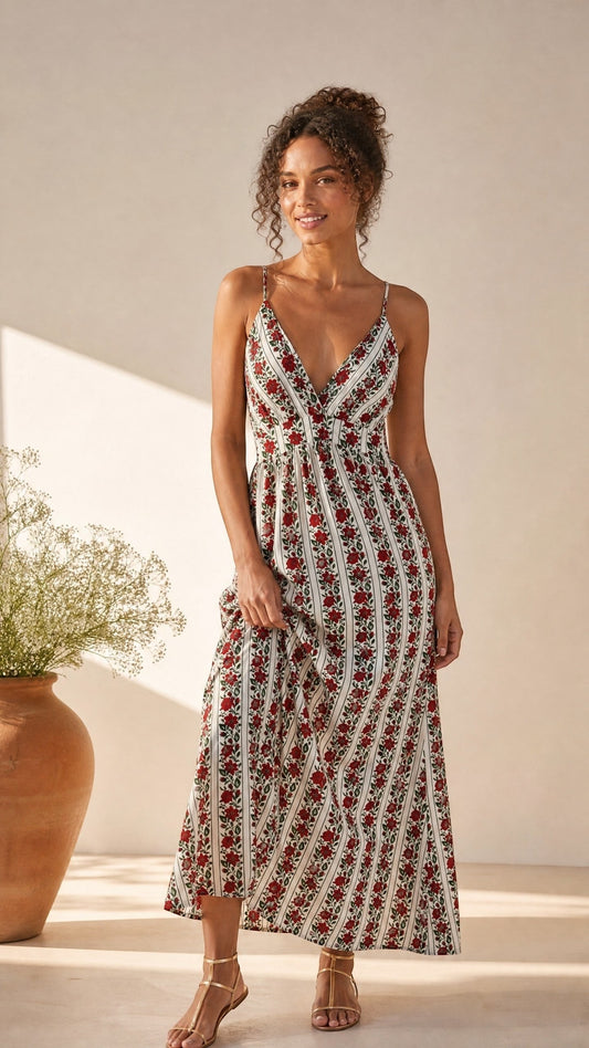 Esma Shop robe longue à fines bretelles, imprimé floral rouge et rayures blanches, décolleté plongeant, style bohème.