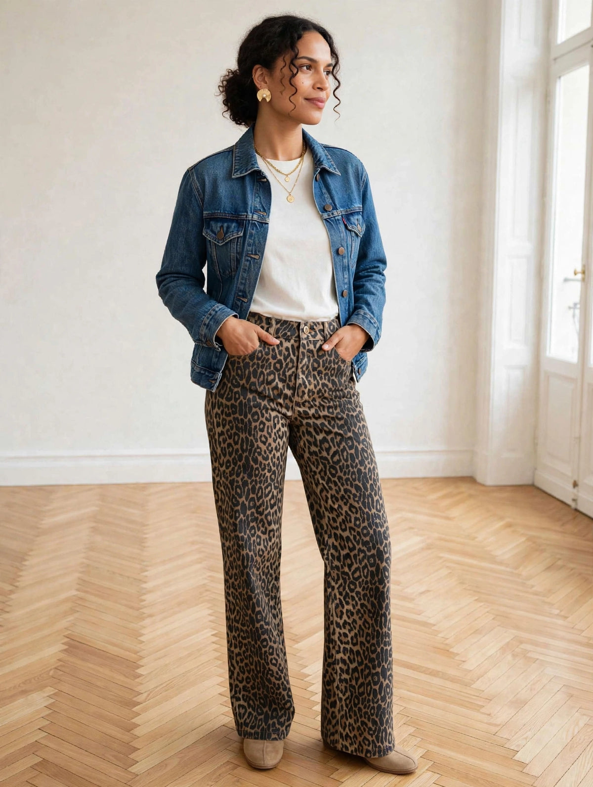  detail taille haute bouton jean leopard femme 