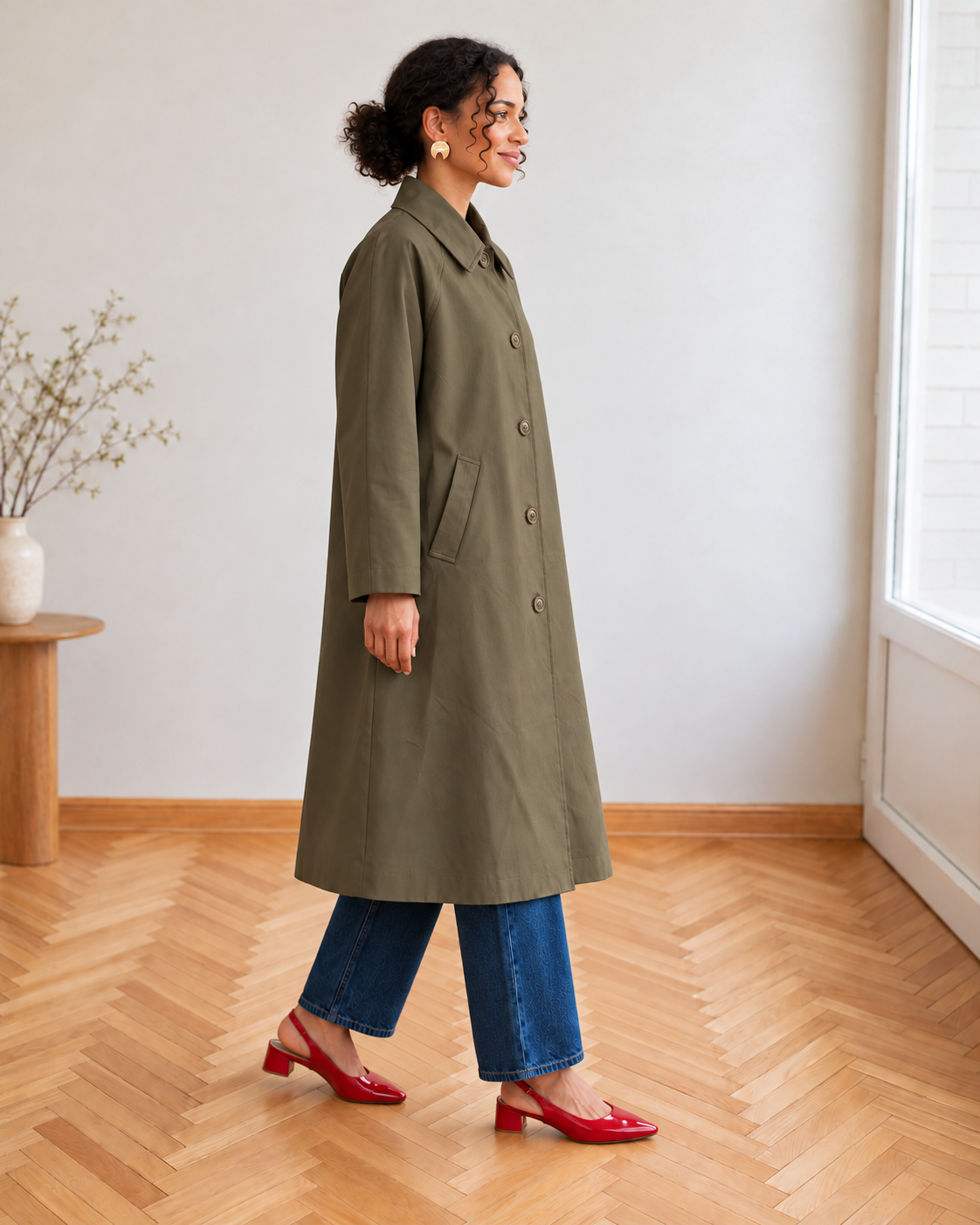 Trench long Sylvia à col chemise et revers vichy