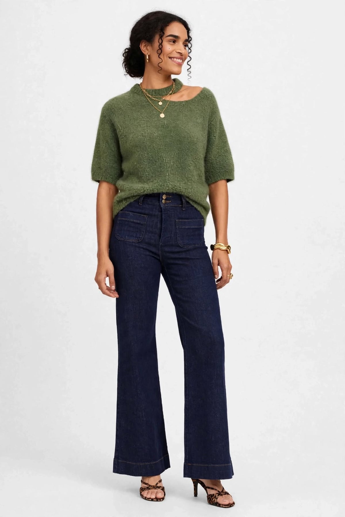  Face : jean flare taille haute brut femme coupe evasee face - Esma Shop
