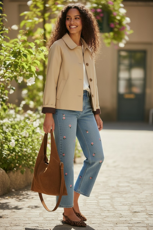 jean denim brodé détail fleurs
