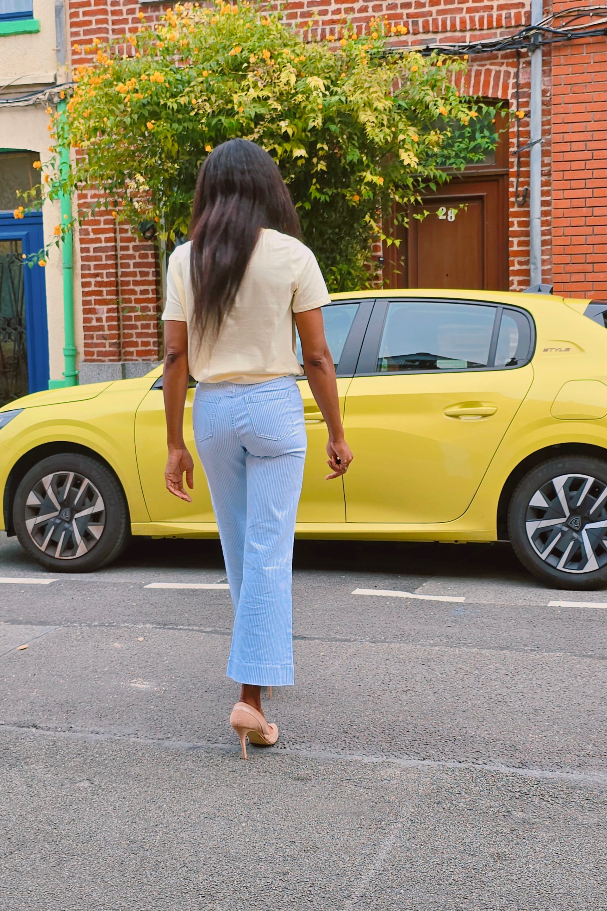 pantalon rayé taille haute bleu et blanc taille haute 
