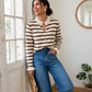 pull rayé femme col volanté marron look parisien