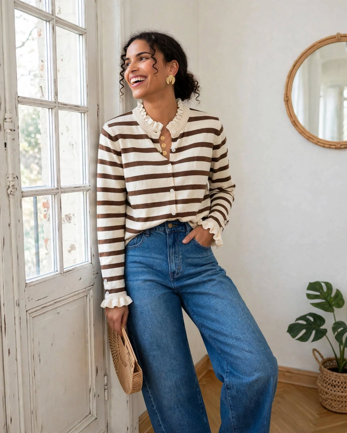 pull rayé femme col volanté marron look parisien