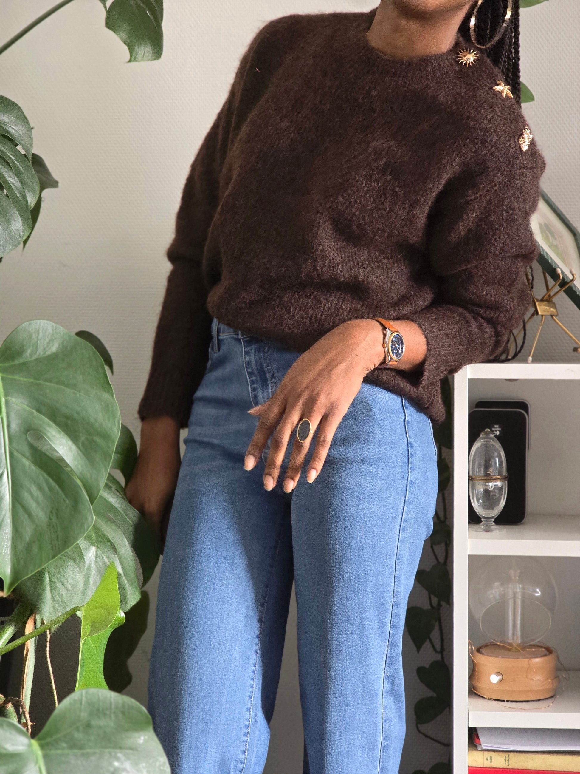 Pull  col rond chocolat en laine marron profond esma shop