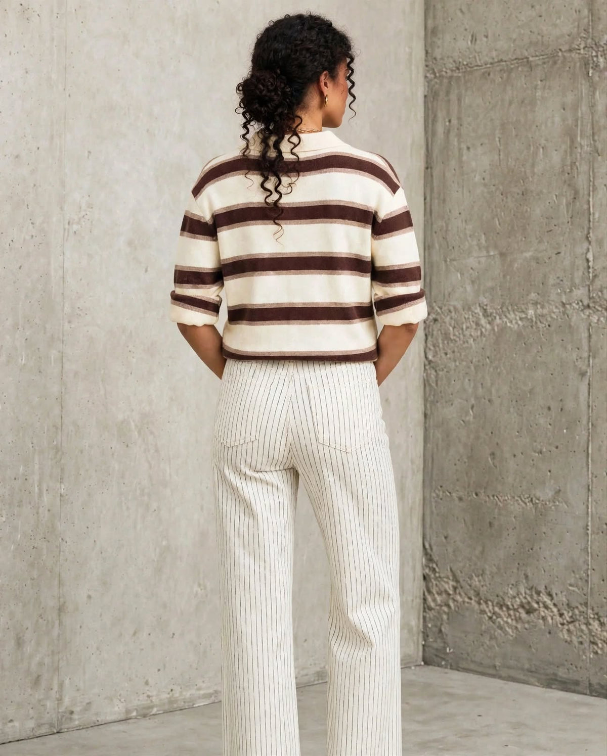 Pull polo Gaby à rayures écru et marron chocolat