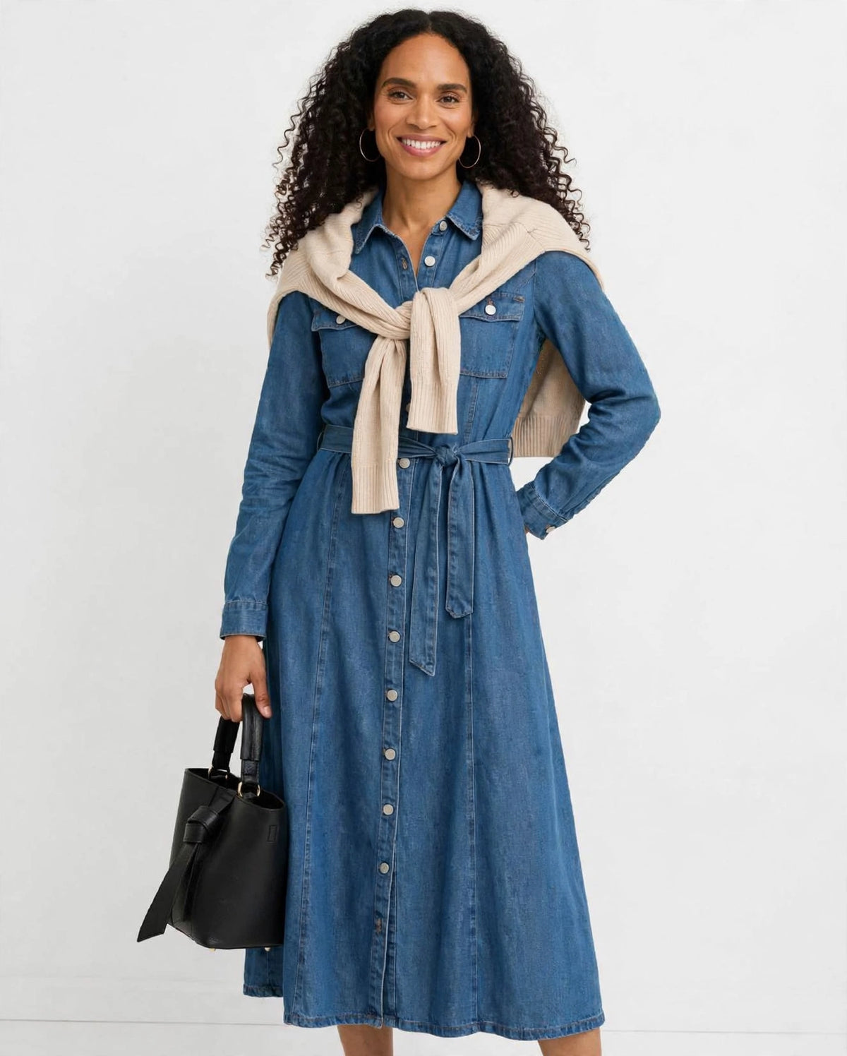 robe midi en jean femme avec ceinture assortie face