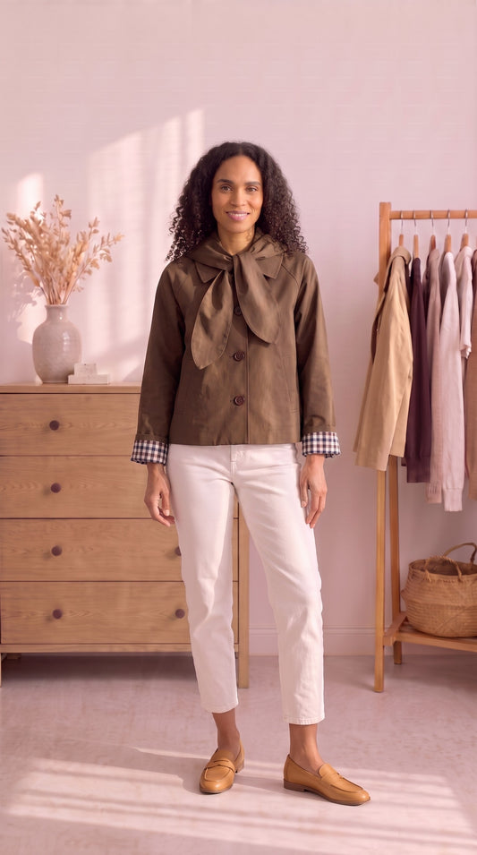 Veste Courte Trench à Capuche et Revers Vichy